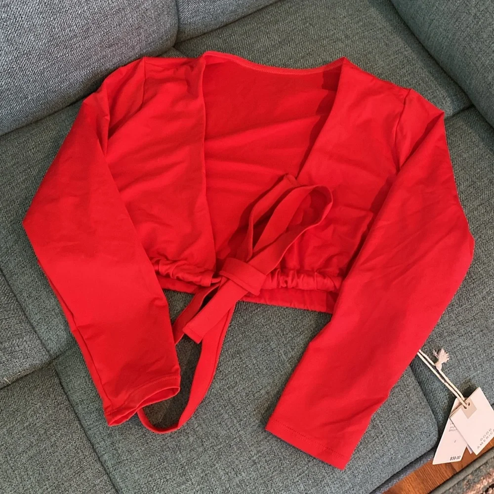 Good American Sexy Boost Swim Top 3/4 Sleeve Tie Front Bright Poppy Red 2 US M - Picture 5 of 6